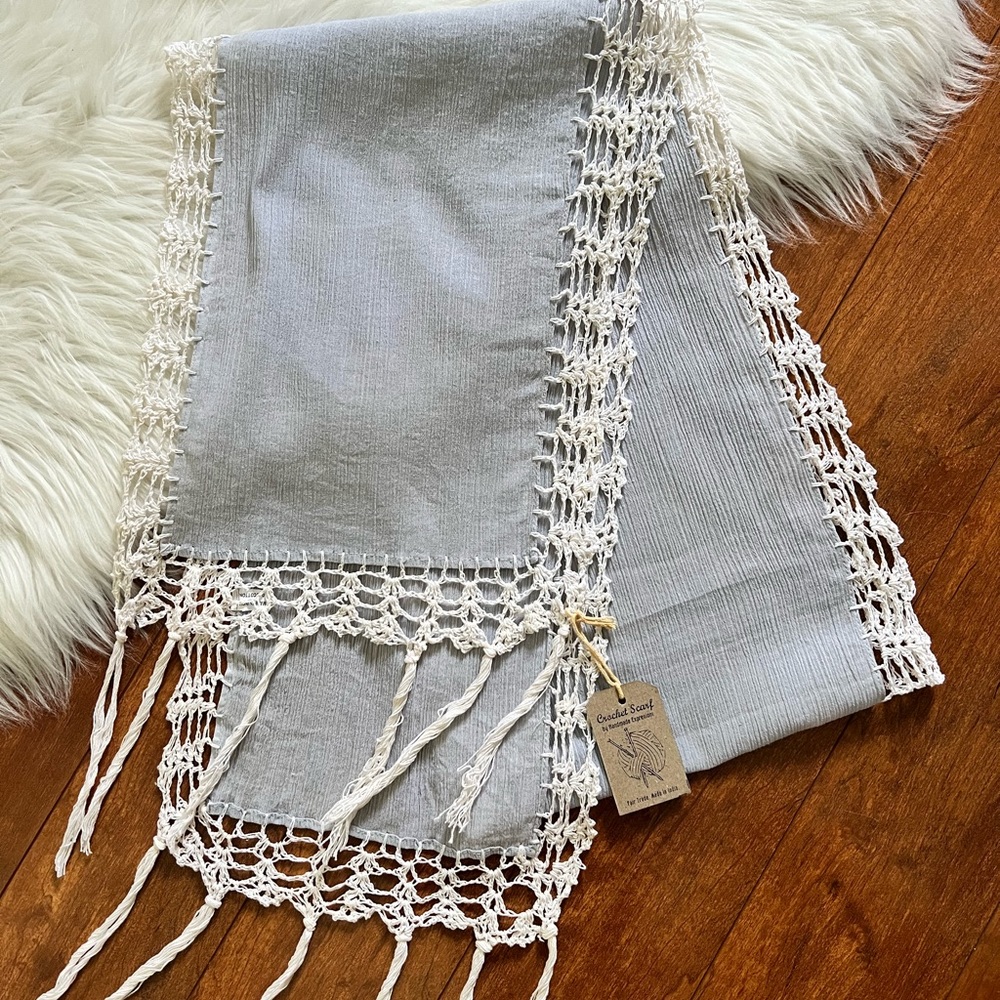 NWT Gauze Scarf with Crocheted Trim by Handmade Expressions in Gray